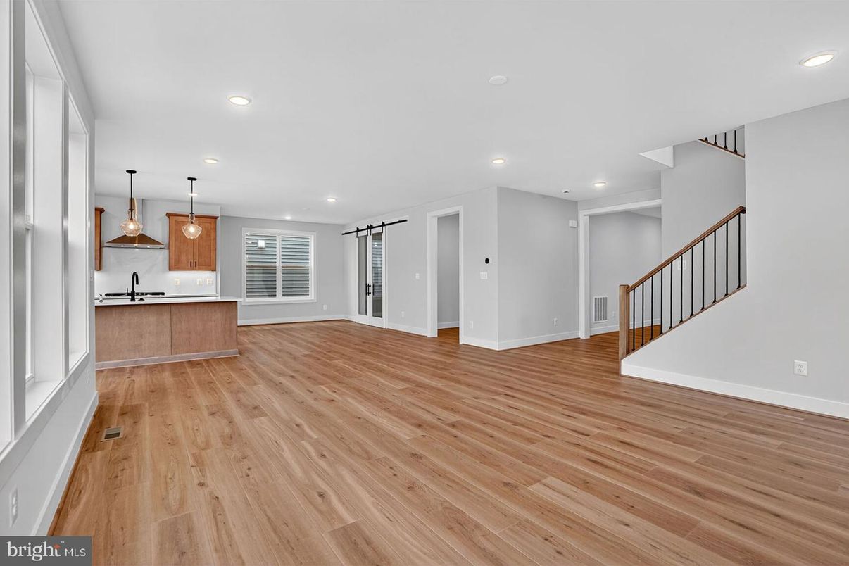 Empty room, Interior, Kitchen, Pendant Lights, Recessed Lighting, Wood Texture Flooring
