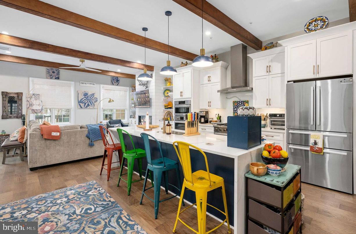 Interior, Kitchen, Living room, Pendant Lights, Recessed Lighting, Stainless Steel Appliances, Wooden Beams, Wood Texture Flooring