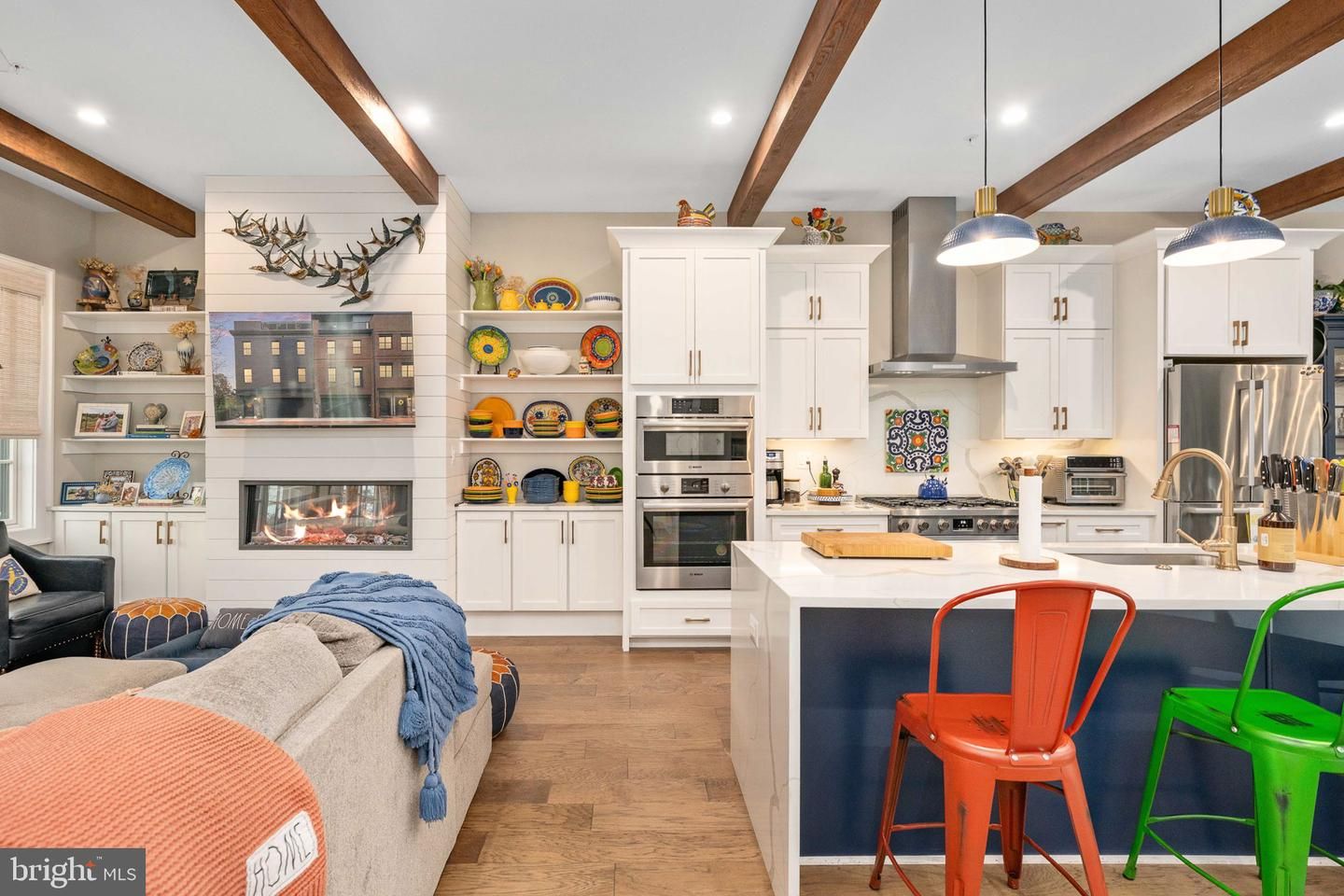 Fireplace, Interior, Kitchen, Pendant Lights, Recessed Lighting, Stainless Steel Appliances, Wooden Beams, Wood Texture Flooring