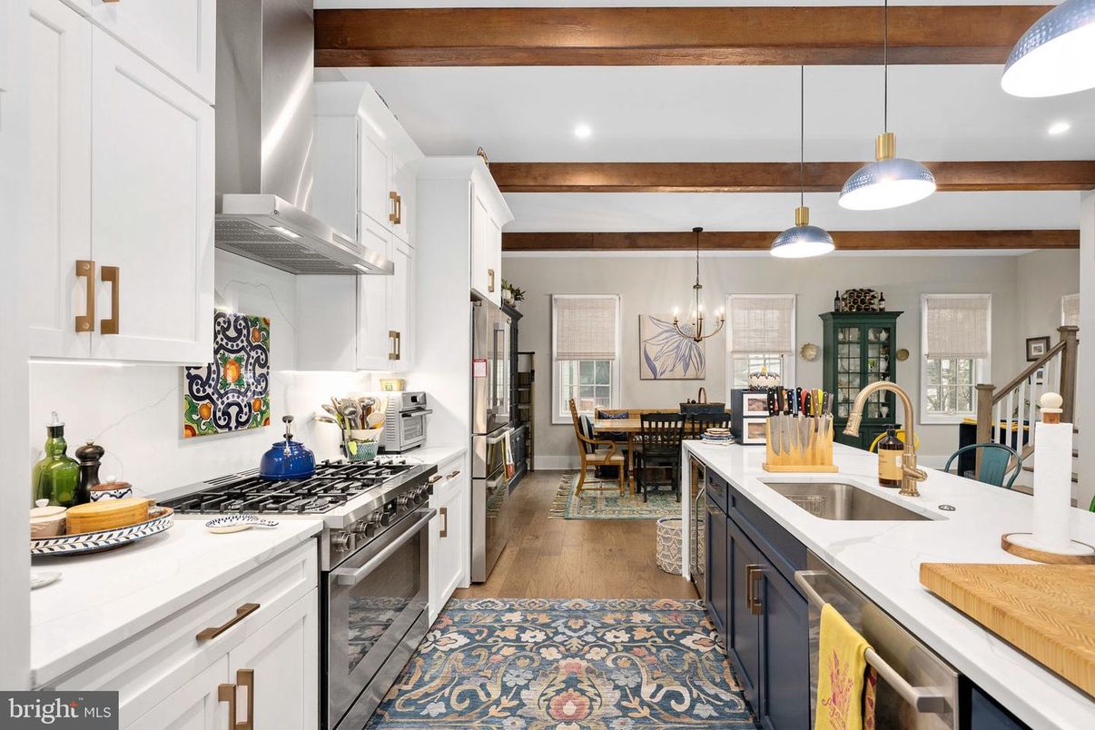 Chandelier, Dining room, Interior, Kitchen, Pendant Lights, Recessed Lighting, Stainless Steel Appliances, Wooden Beams, Wood Texture Flooring