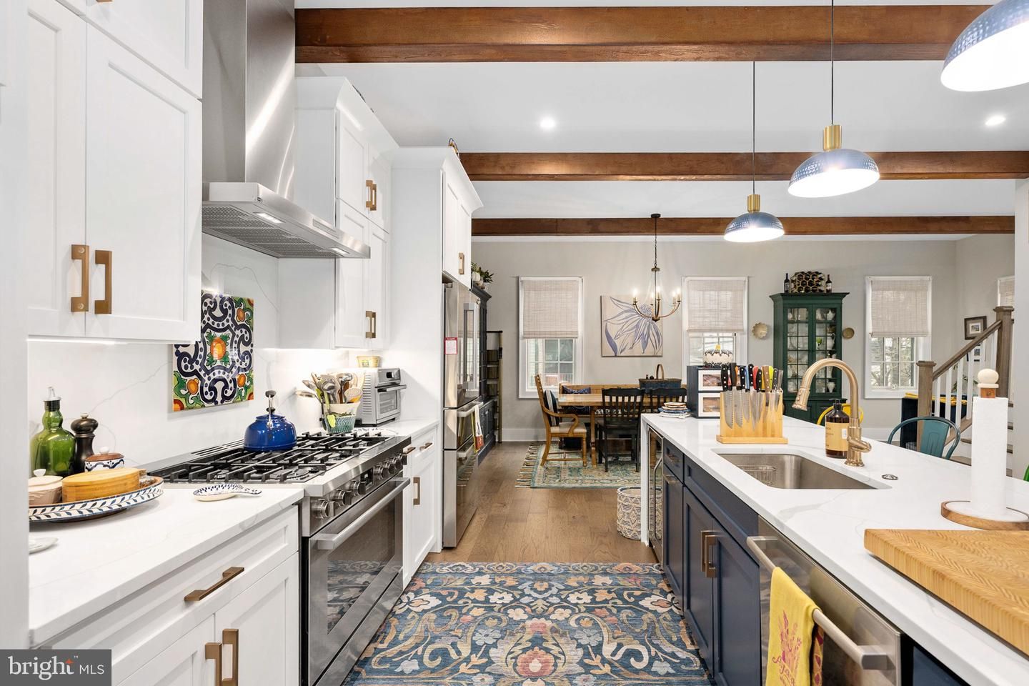 Chandelier, Dining room, Interior, Kitchen, Pendant Lights, Recessed Lighting, Stainless Steel Appliances, Wooden Beams, Wood Texture Flooring