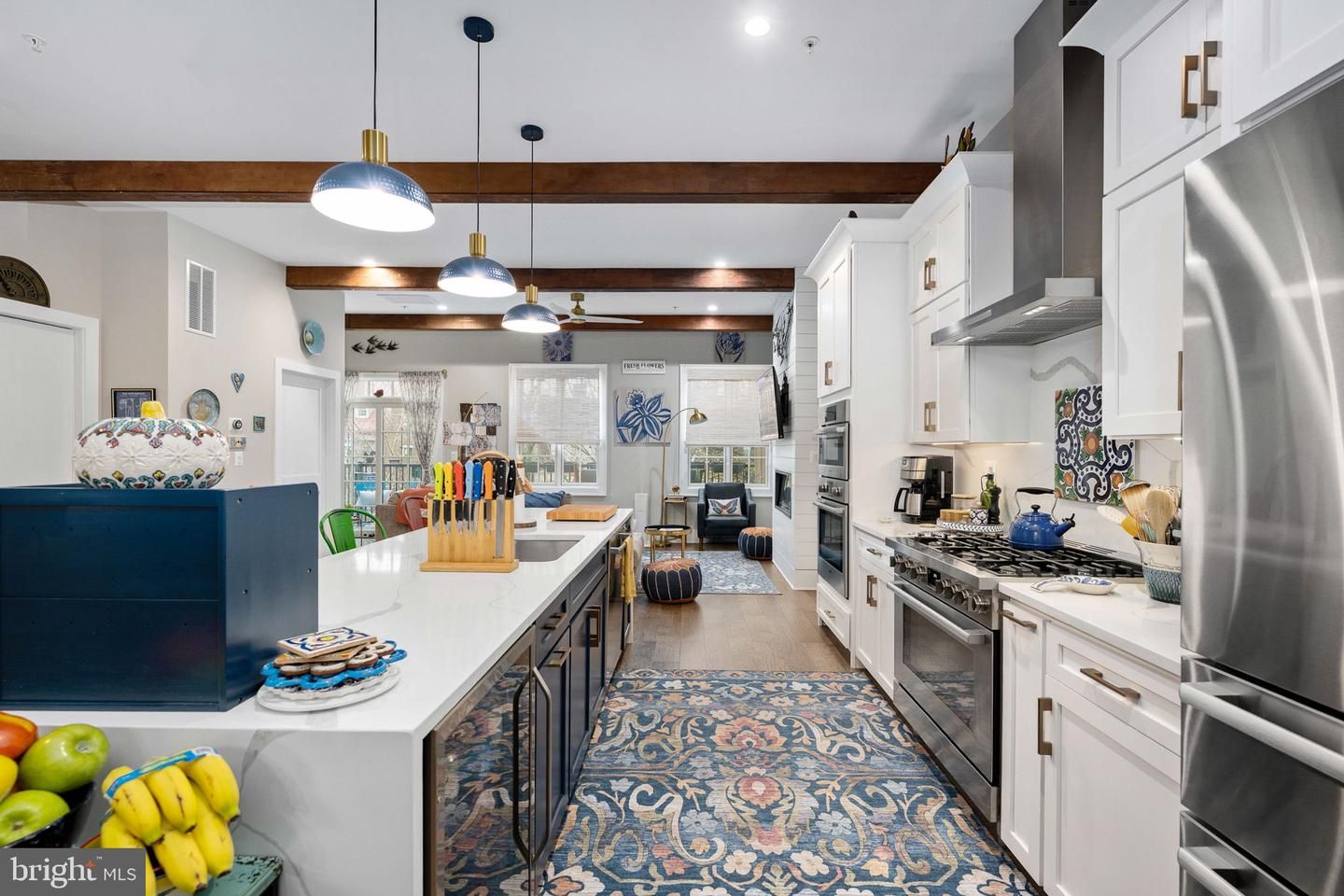 Interior, Kitchen, Pendant Lights, Recessed Lighting, Stainless Steel Appliances, Wooden Beams, Wood Texture Flooring