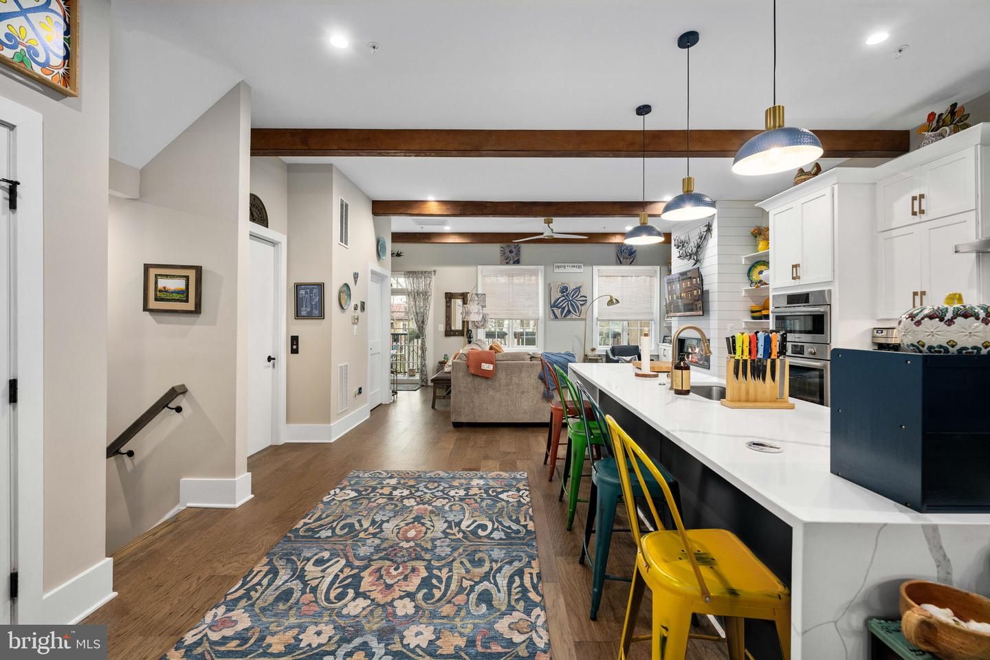 Interior, Kitchen, Living room, Pendant Lights, Recessed Lighting, Stainless Steel Appliances, Wooden Beams, Wood Texture Flooring