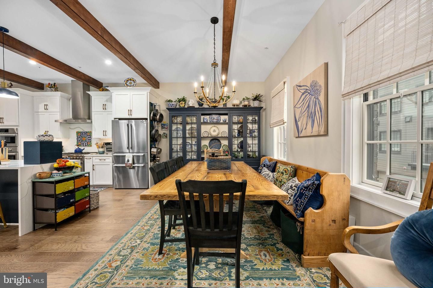 Chandelier, Dining room, Interior, Kitchen, Recessed Lighting, Stainless Steel Appliances, Wooden Beams, Wood Texture Flooring