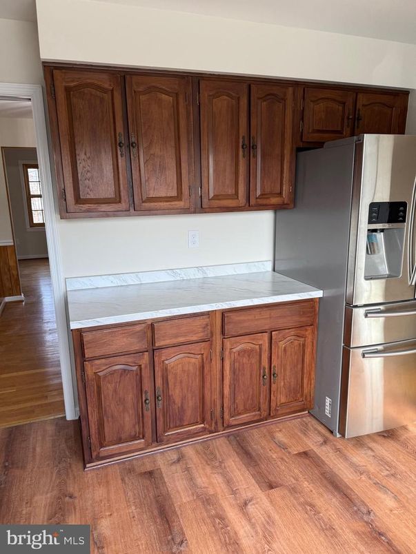 Interior, Kitchen, Tile Countertops, Wood Texture Flooring