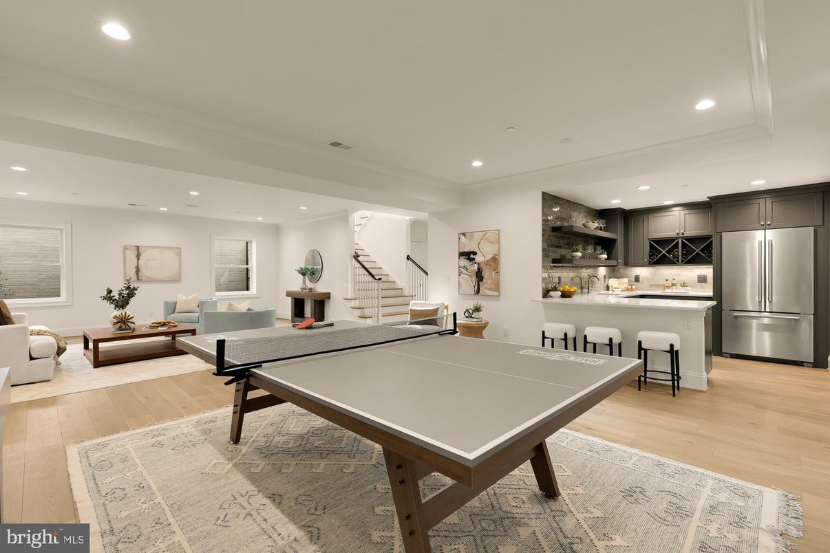 Game Room, Interior, Kitchen, Living room, Recessed Lighting, Stainless Steel Appliances, Wood Texture Flooring