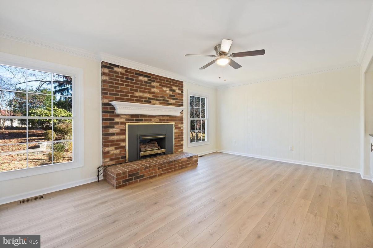 Empty room, Fireplace, Interior, Stone Walls, Wood Texture Flooring