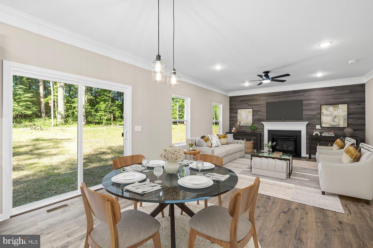 Dining room, Fireplace, Interior, Living room, Pendant Lights, Recessed Lighting, Wood Texture Flooring, Wooden Walls