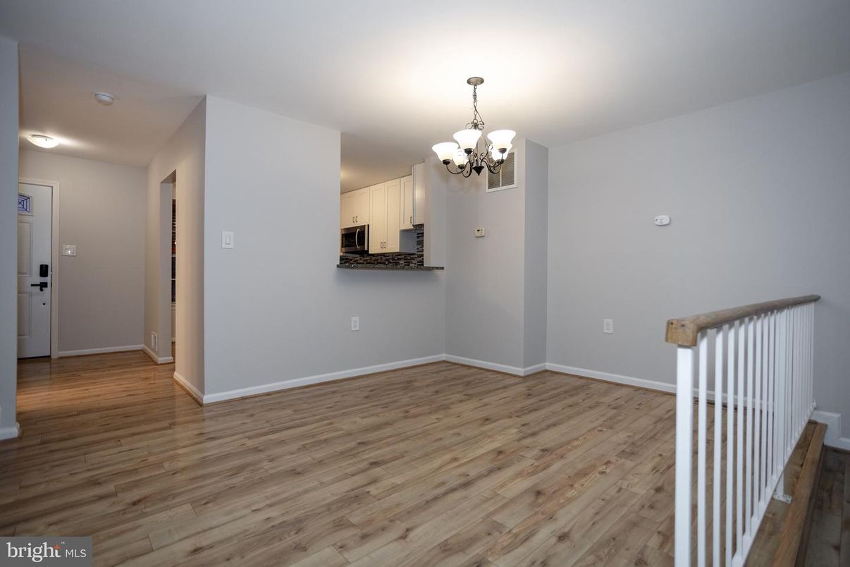 Chandelier, Empty room, Interior, Kitchen, Wood Texture Flooring