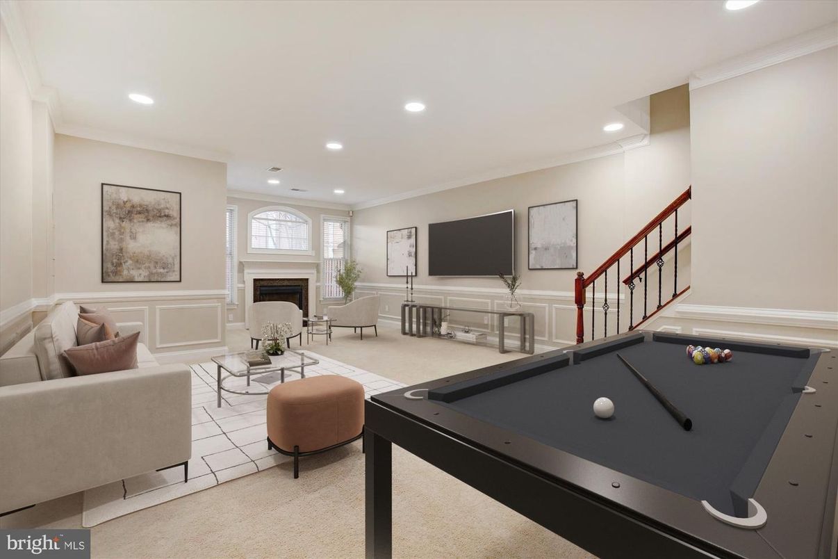 Billiard Table, Fireplace, Game Room, Interior, Living room, Recessed Lighting