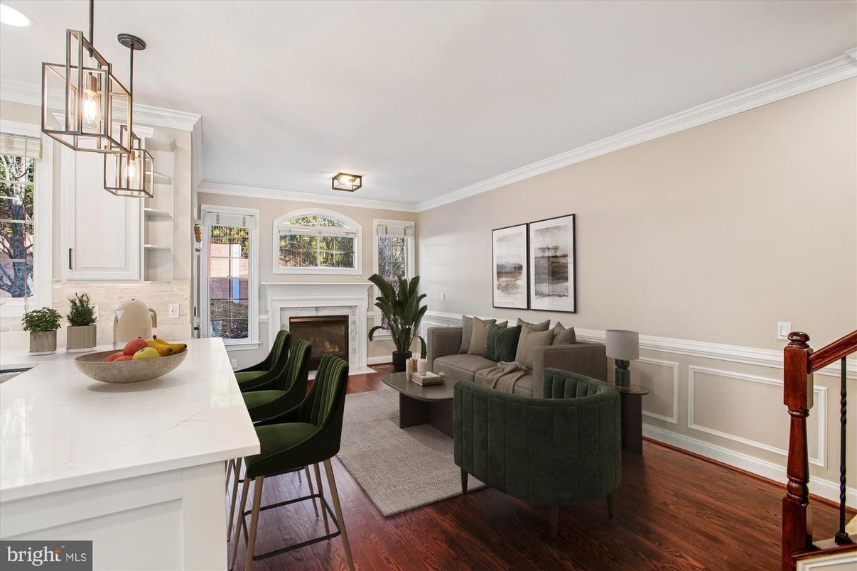 Fireplace, Interior, Living room, Pendant Lights, Wood Texture Flooring
