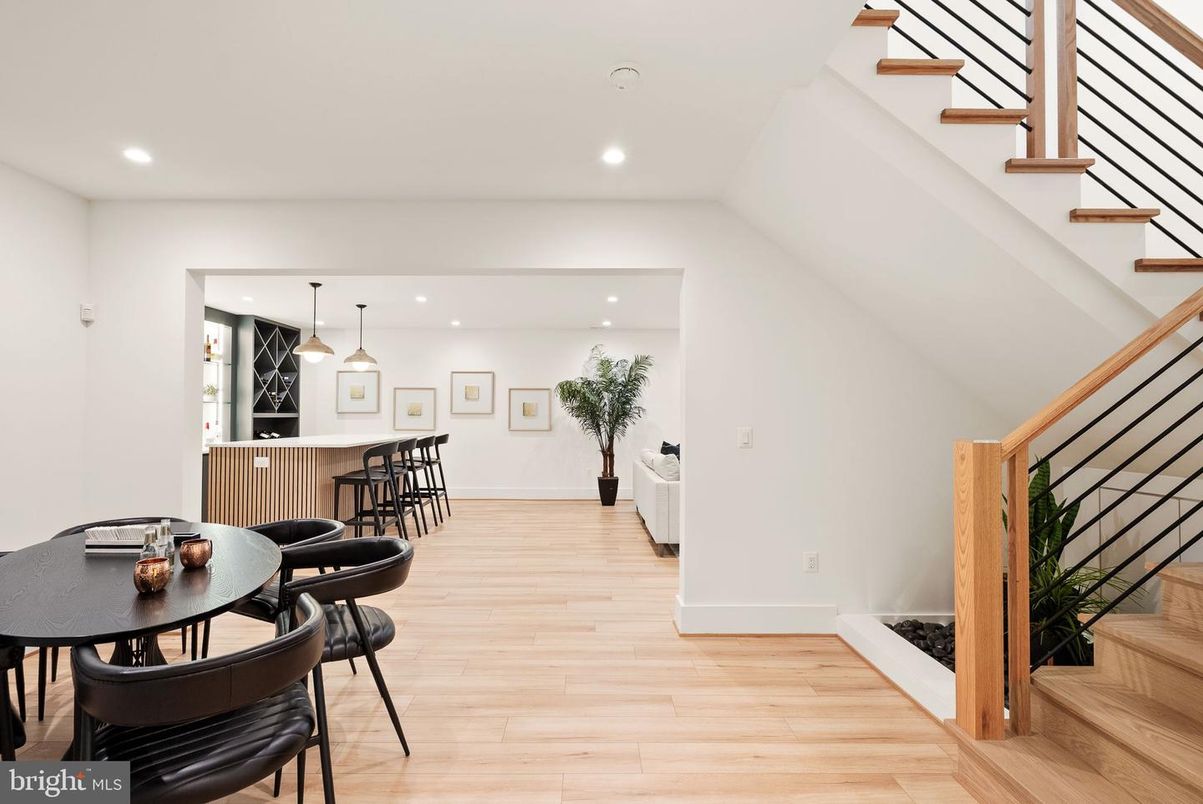 Dining room, Interior, Pendant Lights, Recessed Lighting, Wood Texture Flooring