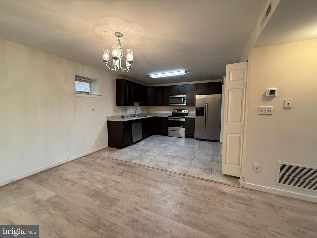 Chandelier, Interior, Kitchen, Stainless Steel Appliances, Wood Texture Flooring