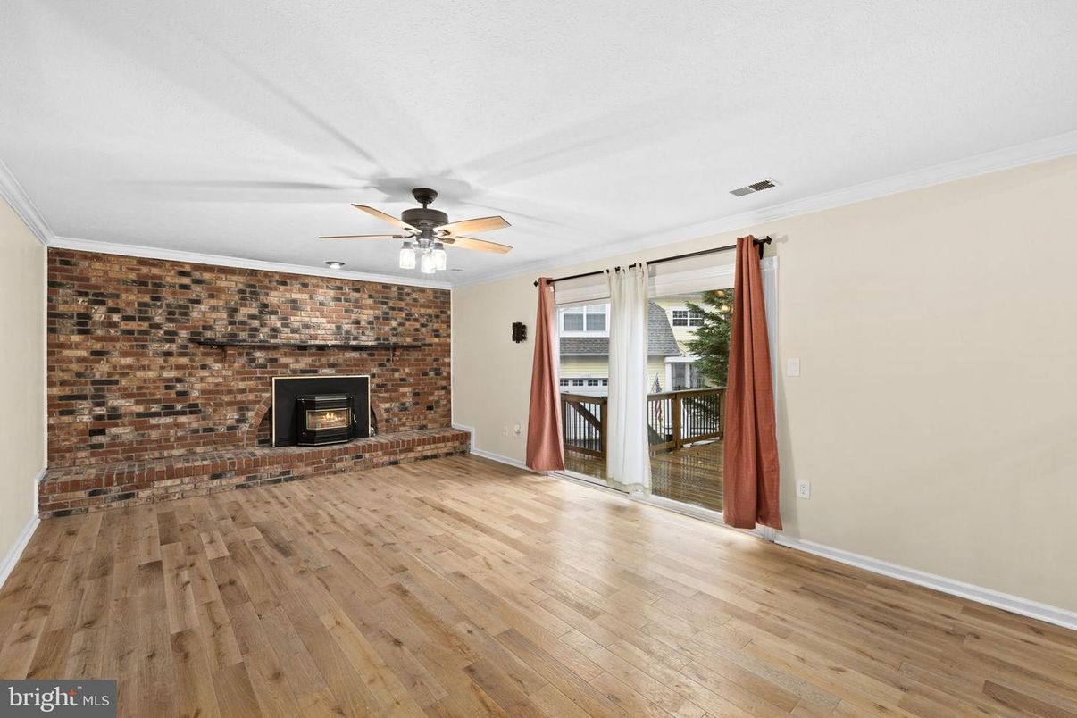 Empty room, Fireplace, Interior, Stone Walls, Wood Texture Flooring