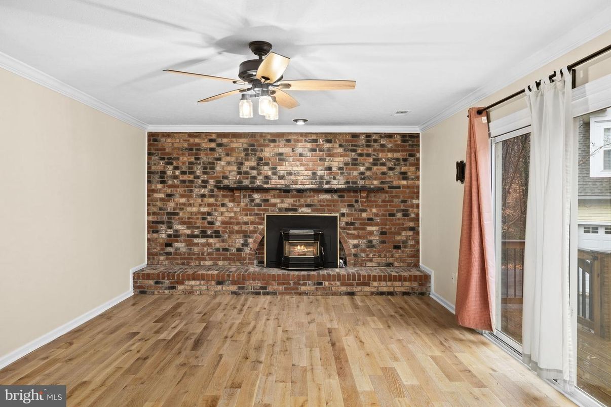 Empty room, Fireplace, Interior, Stone Walls, Wood Texture Flooring