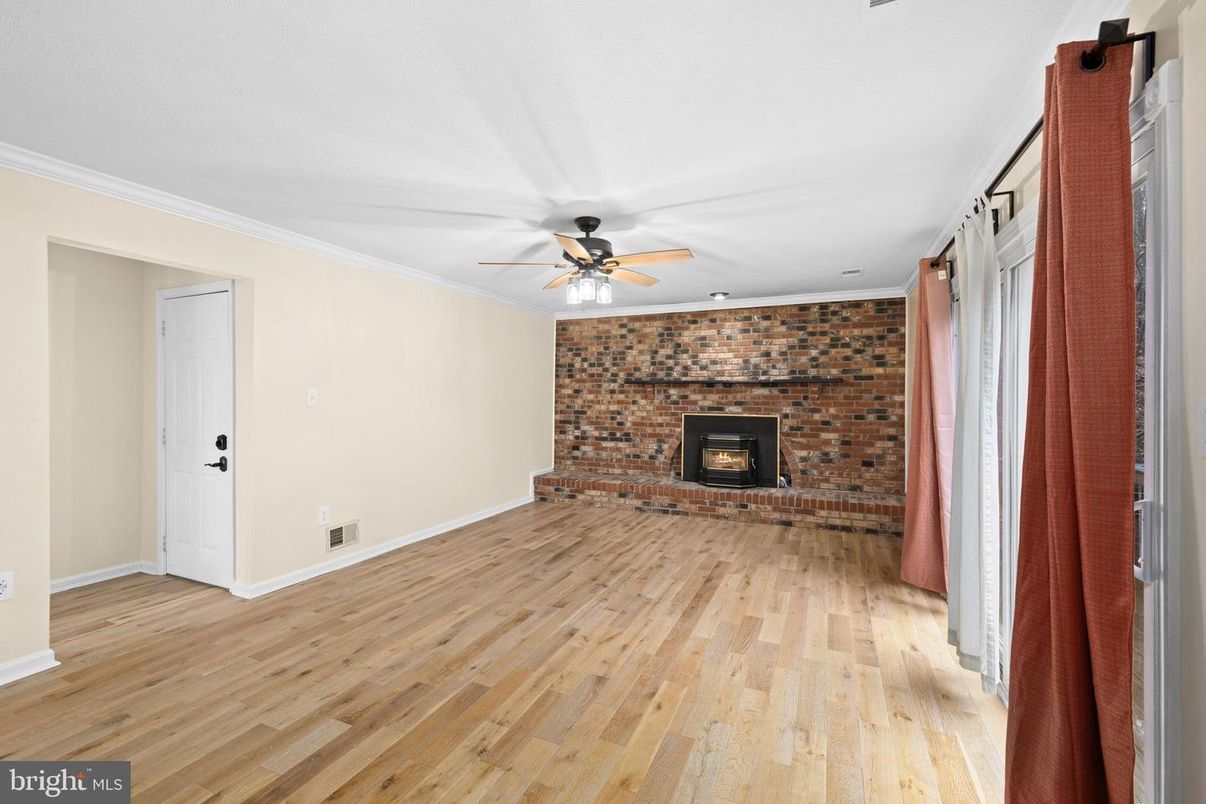 Empty room, Fireplace, Interior, Stone Walls, Wood Texture Flooring