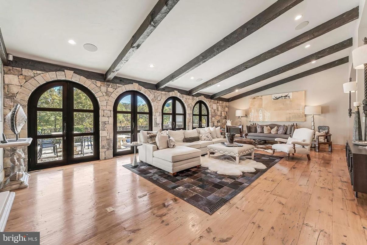 Interior, Living room, Recessed Lighting, Stone Walls, Wooden Beams, Wood Texture Flooring