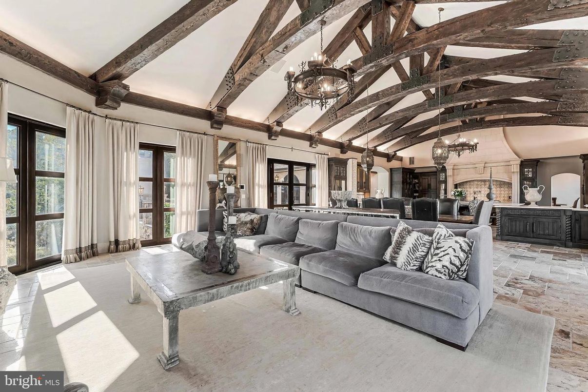 Chandelier, Dining room, Interior, Living room, Pendant Lights, Wooden Beams