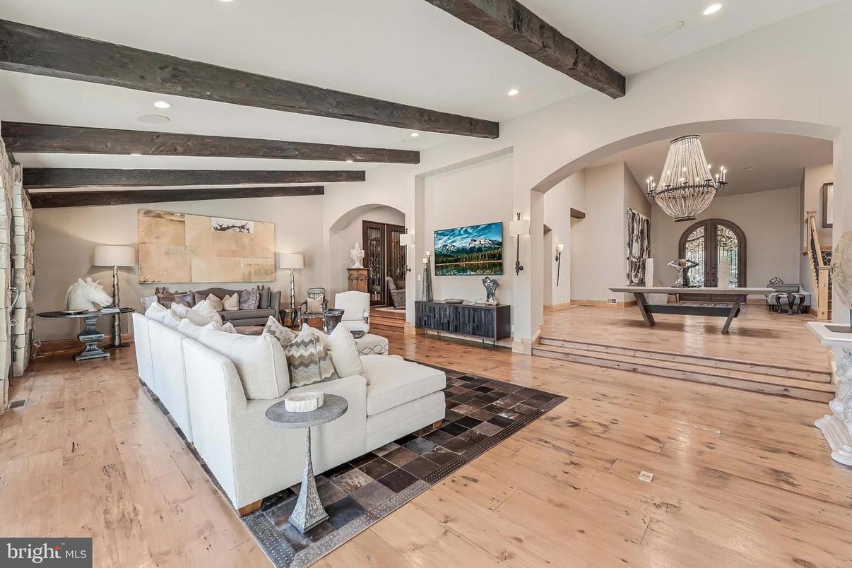 Chandelier, Game Room, Interior, Living room, Recessed Lighting, Wooden Beams, Wood Texture Flooring