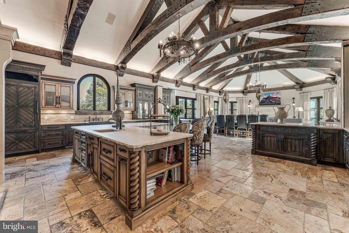 Chandelier, Interior, Kitchen, Pendant Lights, Wooden Beams