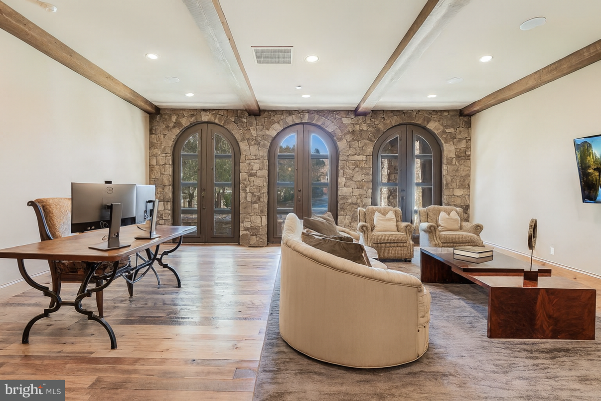 Home Office, Interior, Living room, Recessed Lighting, Stone Walls, Wood Texture Flooring