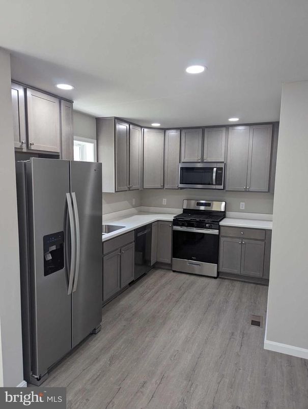Interior, Kitchen, Recessed Lighting, Stainless Steel Appliances, Wood Texture Flooring