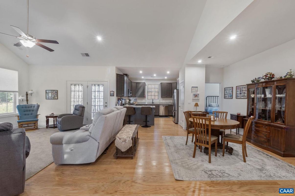 Dining room, Interior, Kitchen, Living room, Recessed Lighting, Wood Texture Flooring