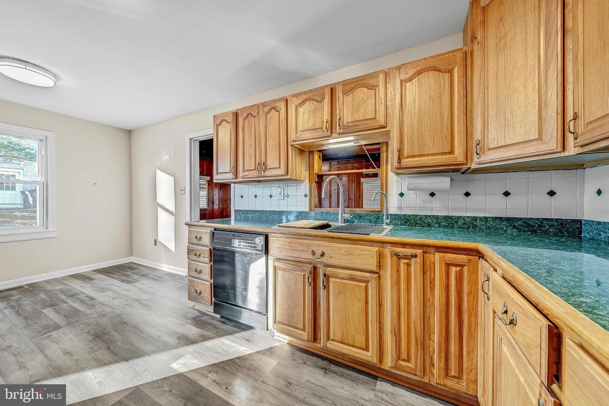 Interior, Kitchen, Tile Countertops, Wood Texture Flooring