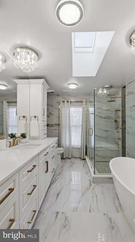Bathroom, Dual Sink Vanities, Free Standing Baths, Glass Shower, Interior, Marble, Marble Walls