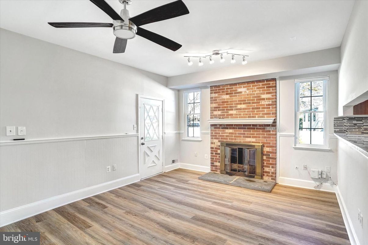 Empty room, Fireplace, Interior, Stone Walls, Wood Texture Flooring