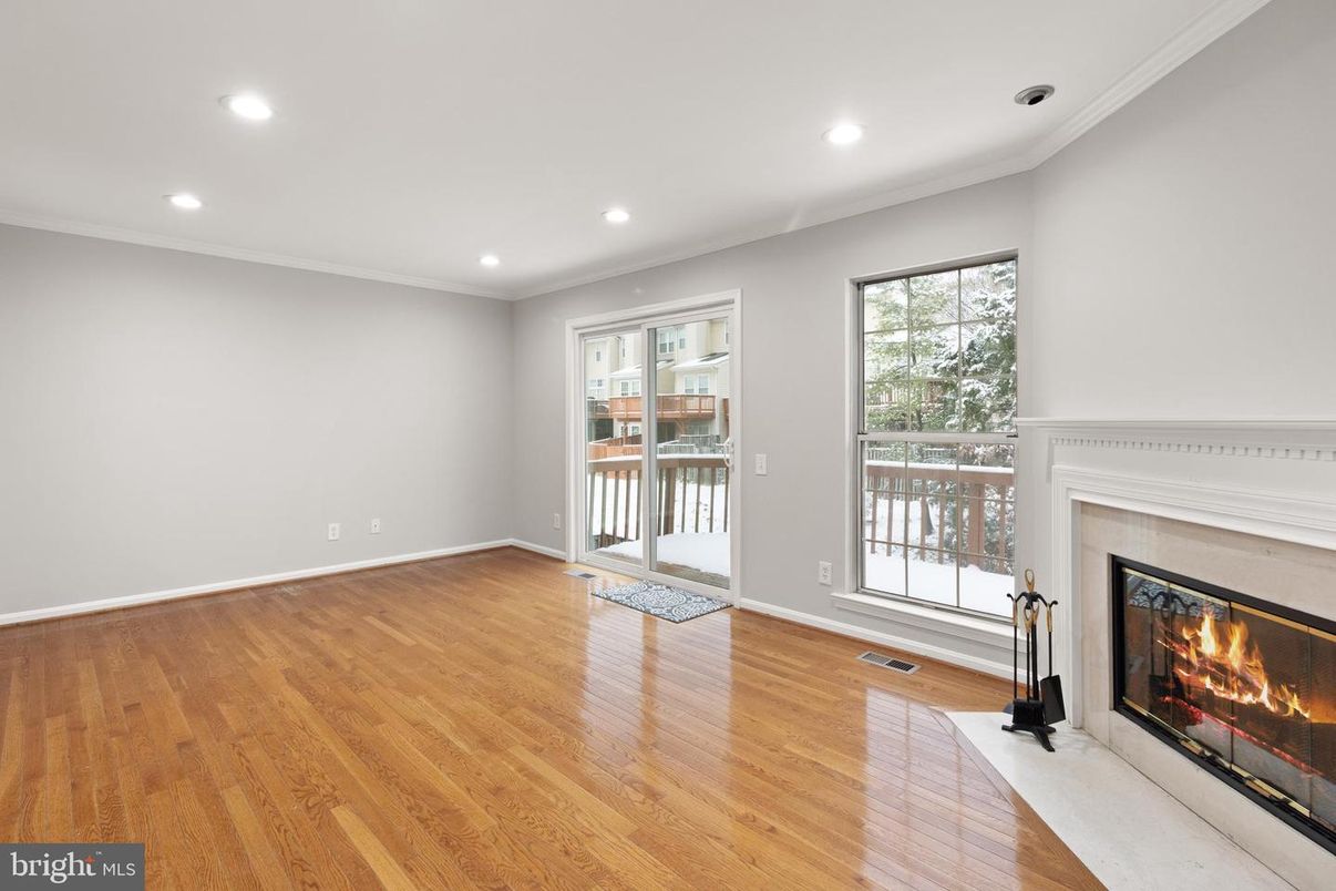 Empty room, Fireplace, Interior, Recessed Lighting, Wood Texture Flooring