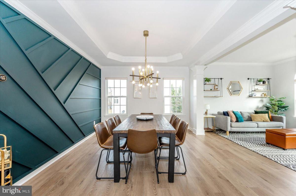 Dining room, Interior, Living room, Pendant Lights, Wood Texture Flooring