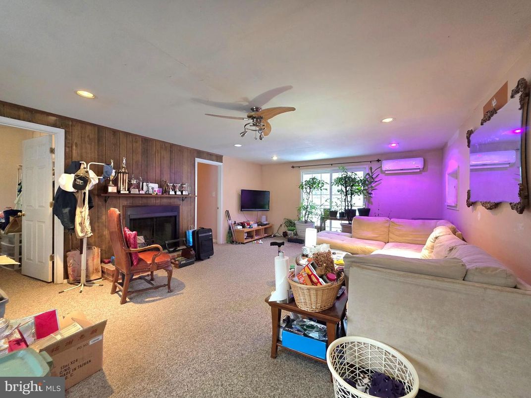 Fireplace, Interior, Living room, Recessed Lighting, Wooden Walls