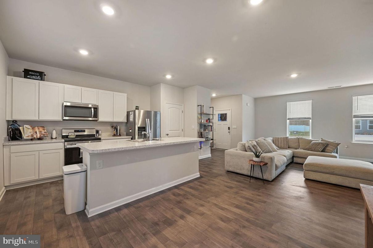 Interior, Kitchen, Living room, Recessed Lighting, Stainless Steel Appliances, Wood Texture Flooring