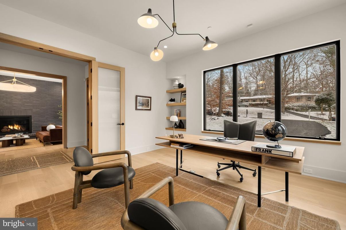 Fireplace, Home Office, Interior, Pendant Lights, Wood Texture Flooring