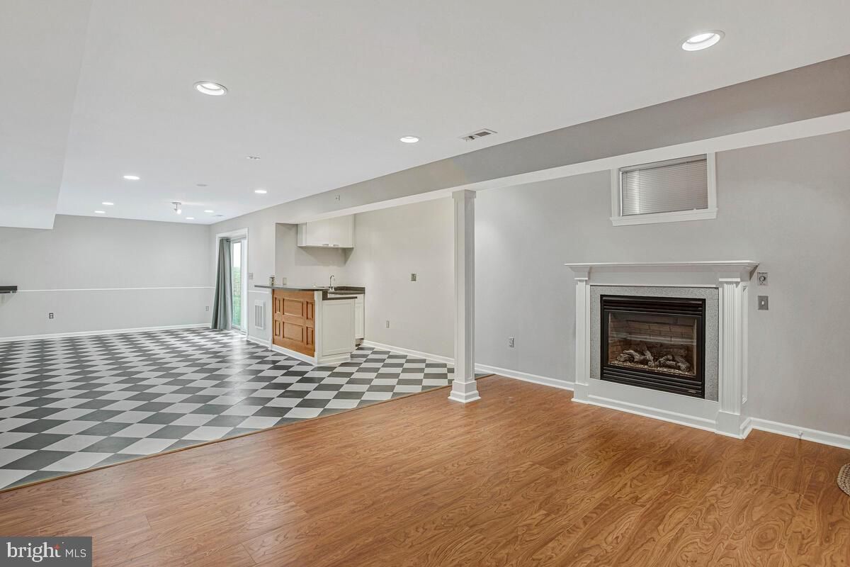 Empty room, Fireplace, Interior, Recessed Lighting, Wood Texture Flooring