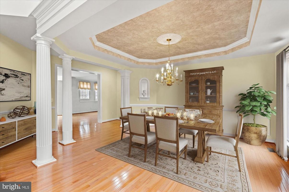 Chandelier, Dining room, Interior, Wood Texture Flooring