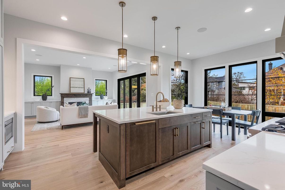 Dining room, Fireplace, Interior, Kitchen, Living room, Pendant Lights, Recessed Lighting, Wood Texture Flooring