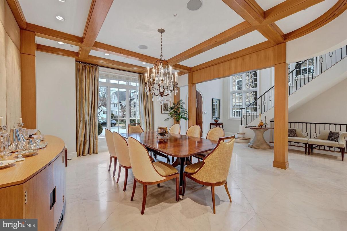 Chandelier, Dining room, Interior, Recessed Lighting, Wooden Beams