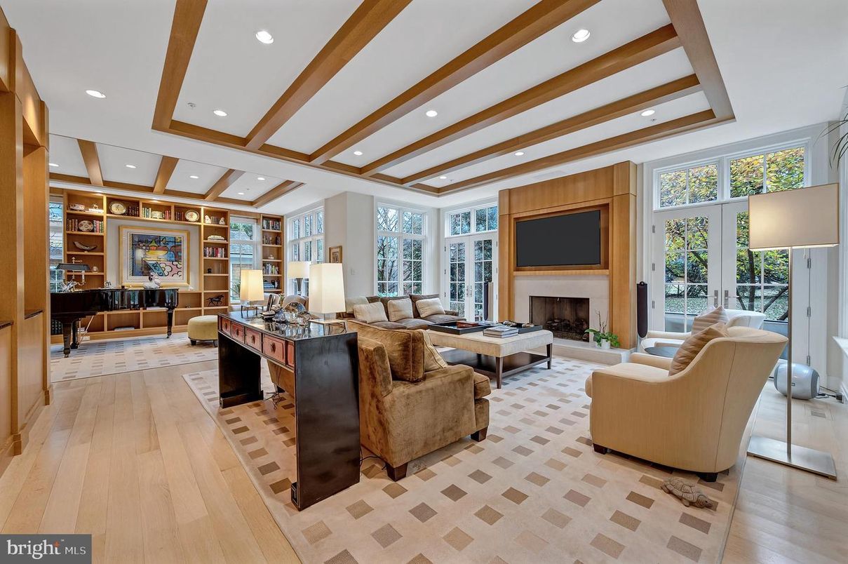 Fireplace, Interior, Living room, Piano, Recessed Lighting, Wooden Beams, Wood Texture Flooring