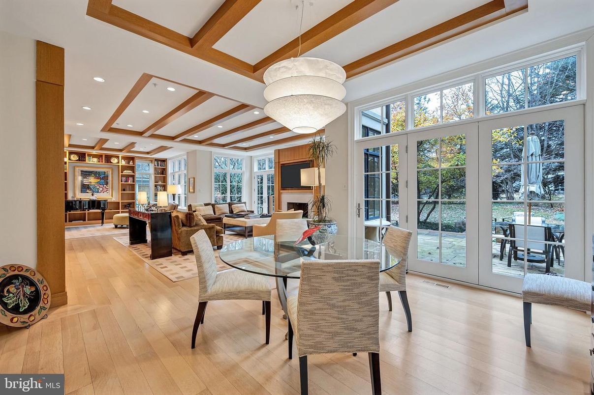 Chandelier, Dining room, Interior, Living room, Recessed Lighting, Wooden Beams, Wood Texture Flooring