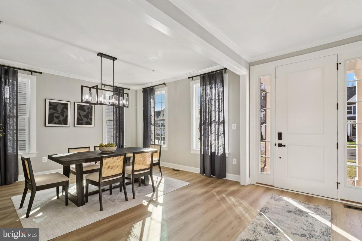 Dining room, Interior, Pendant Lights, Wood Texture Flooring