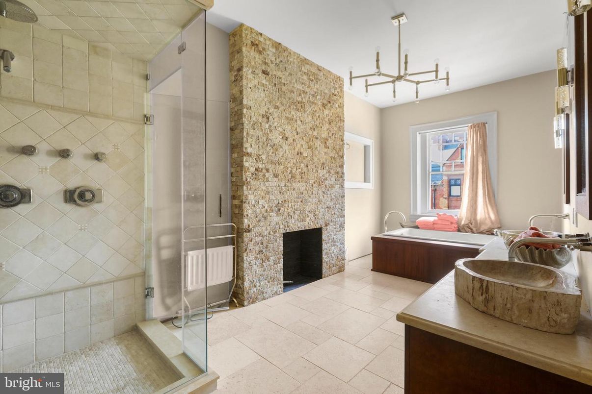 Bathroom, Fireplace, Glass Shower, Interior, Pendant Lights