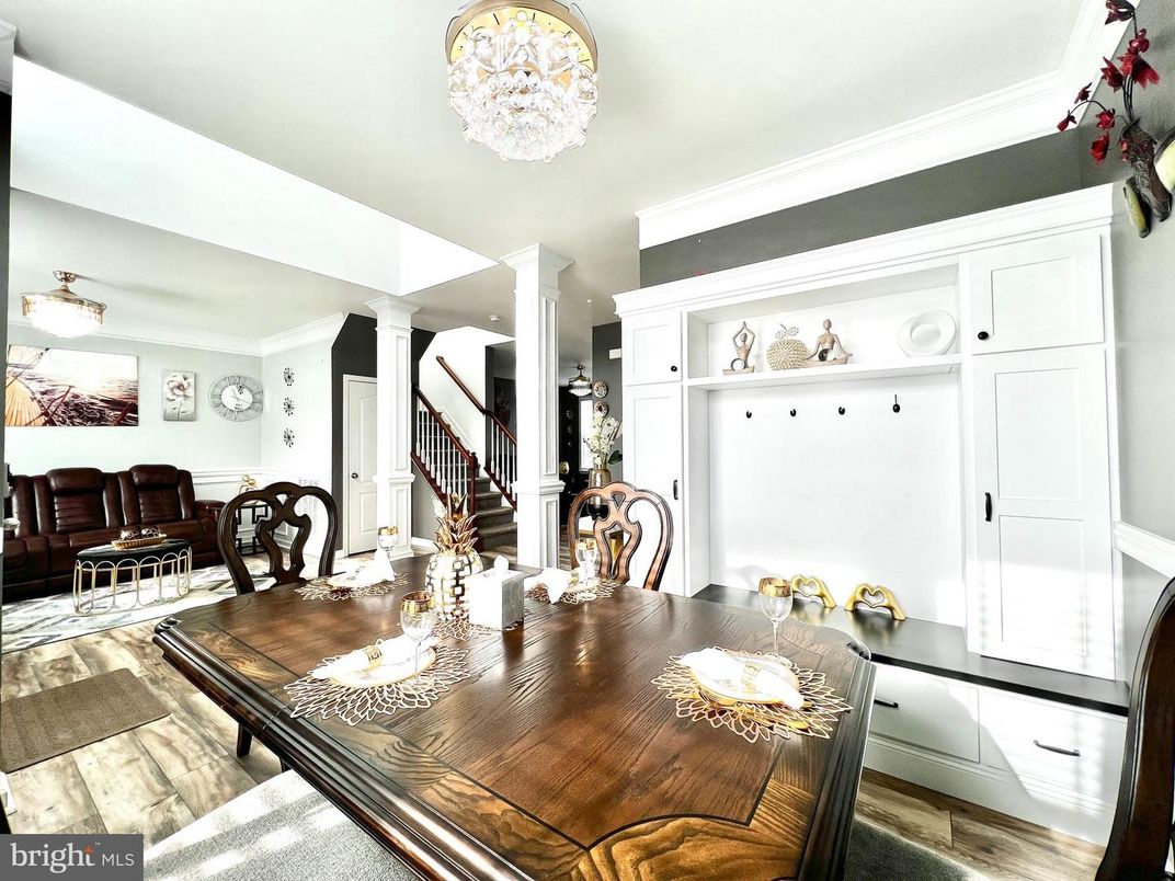 Chandelier, Dining room, Interior, Wood Texture Flooring