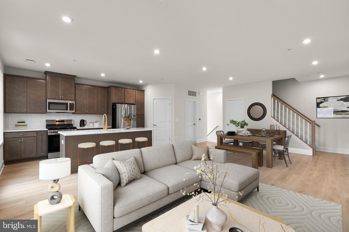 Dining room, Interior, Kitchen, Living room, Recessed Lighting, Stainless Steel Appliances, Wood Texture Flooring