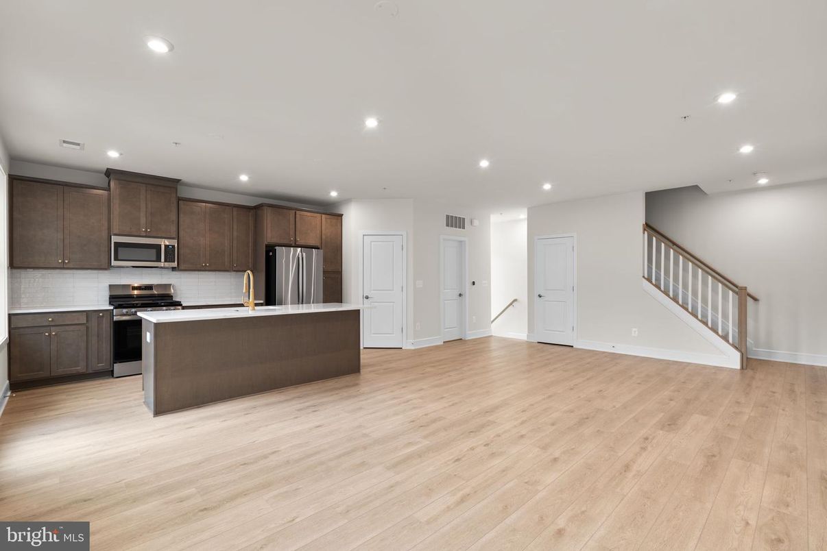 Interior, Kitchen, Recessed Lighting, Stainless Steel Appliances, Wood Texture Flooring