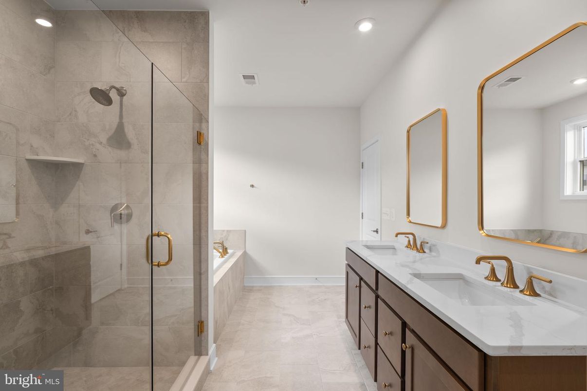 Bathroom, Dual Sink Vanities, Glass Shower, Interior, Marble, Recessed Lighting