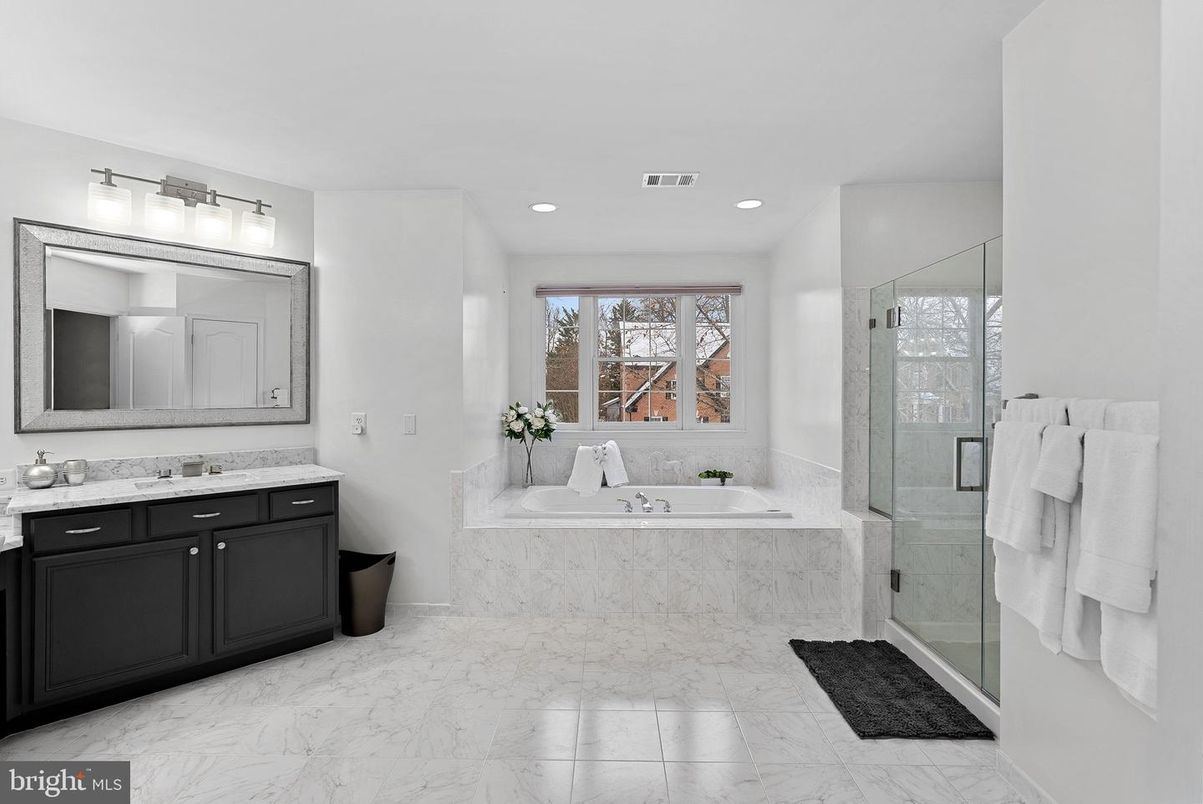 Bathroom, Dual Sink Vanities, Glass Shower, Interior, Marble, Recessed Lighting