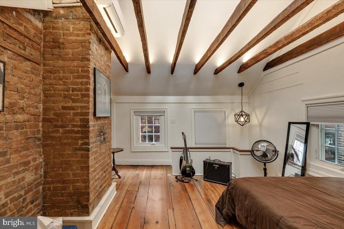 Bedroom, Interior, Pendant Lights, Stone Walls, Wooden Beams, Wood Texture Flooring