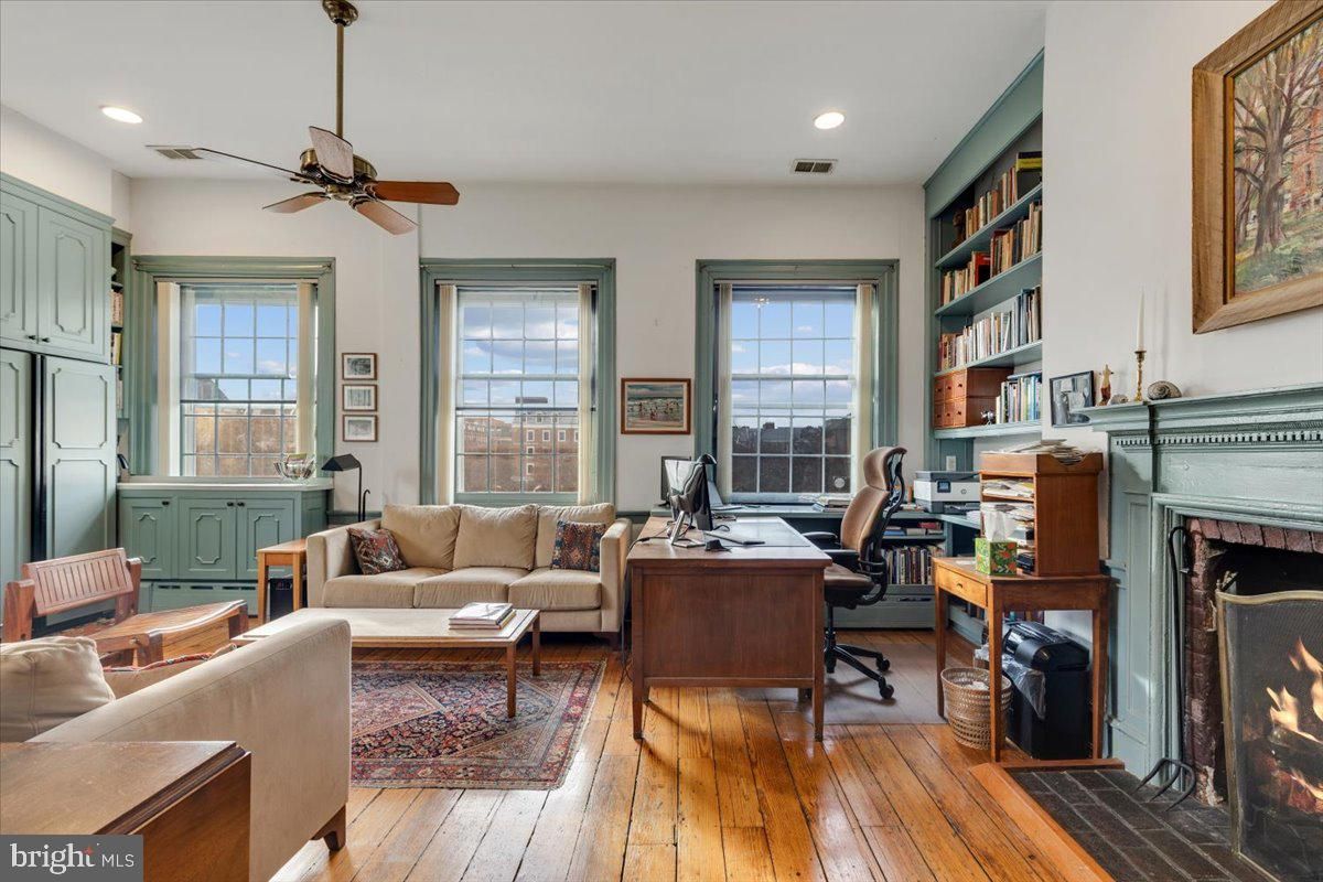 Fireplace, Home Office, Interior, Living room, Recessed Lighting, Wood Texture Flooring